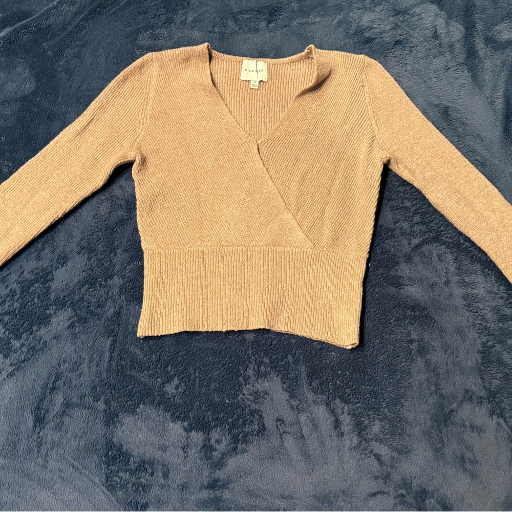 Pink Rose Tan V-Neck Sweater with Ribbed Details